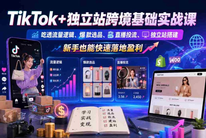 TikTok+独立站跨境基础实战课,吃透流量逻辑、爆款选品、直播投流与独立站搭建,新手也能快速落地盈利-OG资源站