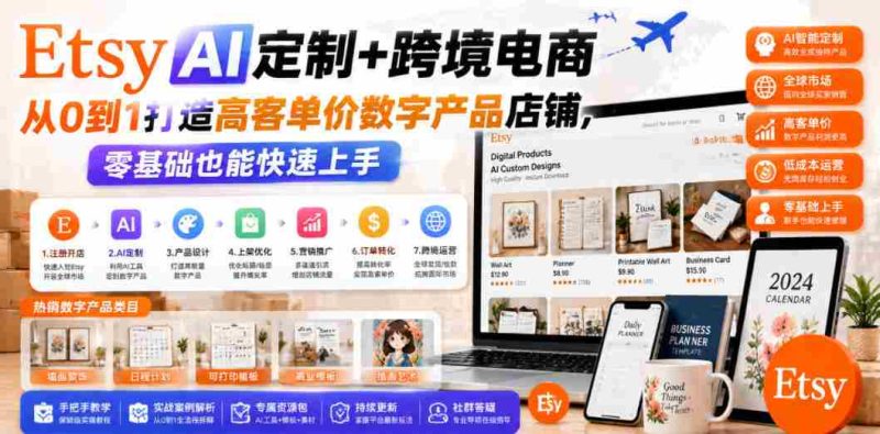 Etsy AI定制+跨境电商,从0到1打造高客单价数字产品店铺,零基础也能快速上手-OG资源站