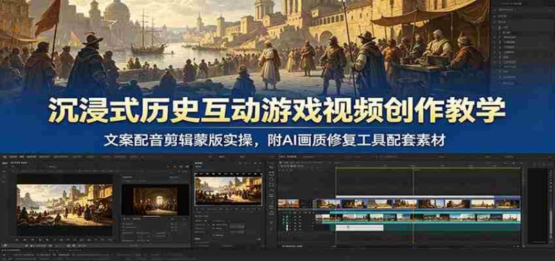沉浸式历史互动游戏视频创作教学:文案配音剪辑蒙版实操,附AI画质修复工具配套素材-OG资源站