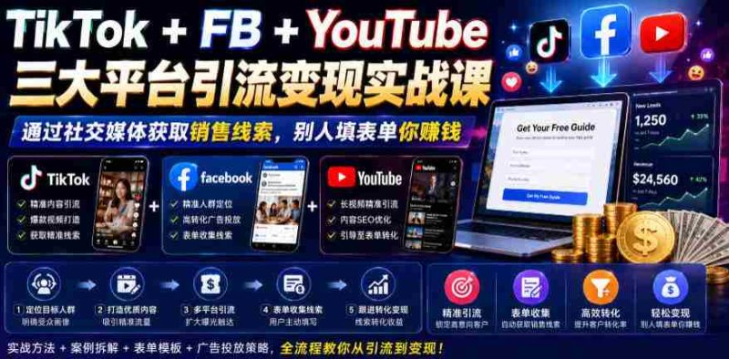 TikTok+FB+YouTube三大平台引流变现实战课,通过社交媒体获取销售线索,别人填表单你賺钱【原创双语字幕】-OG资源站