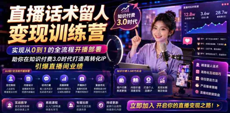直播话术留人变现训练营,实现从0到1的全流程开播部署,助你在知识付费3.0时代打造高转化IP,引爆直播间业绩-OG资源站
