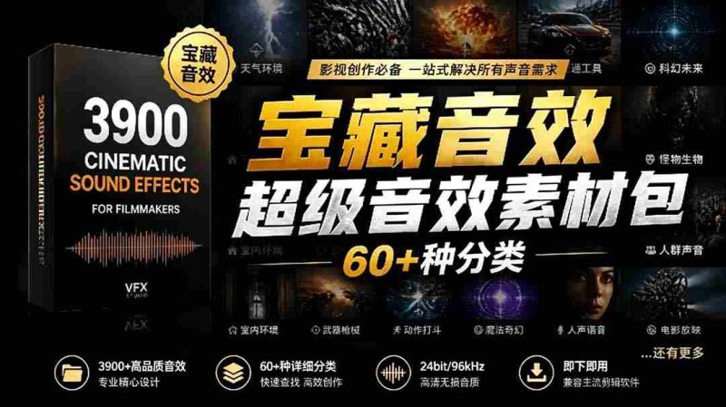 (18660期)宝藏音效合集包!60+多种音效分类,共计3900个,分类清晰,全中文分类,高品质剪辑音效素材包-OG资源站