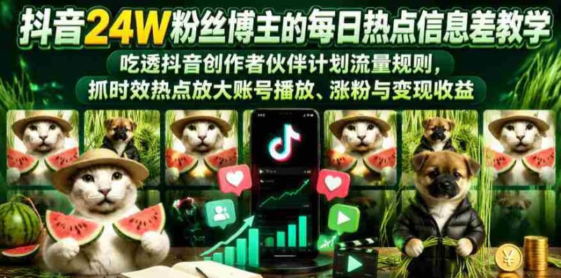 抖音24W粉丝博主的每日热点信息差教学,吃透创作者伙伴计划流量规则,抓时效热点放大账号播放、涨粉与变现收益-OG资源站