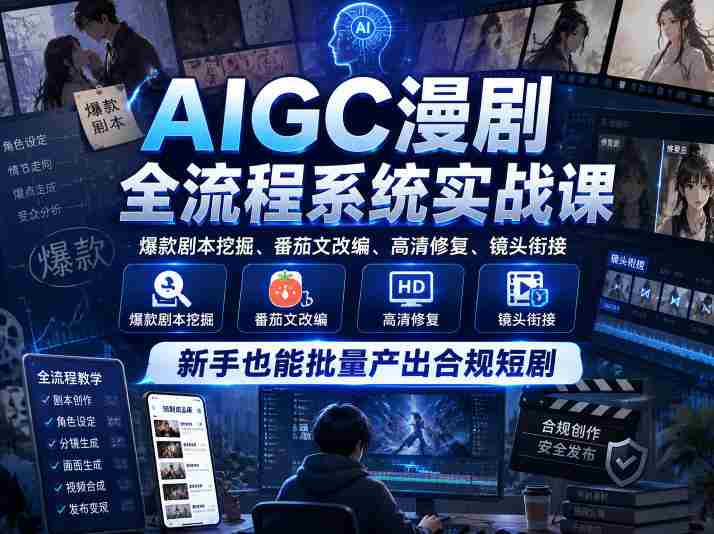 AIGC漫剧全流程系统实战课，爆款剧本挖掘、番茄文改编、高清修复、镜头衔接，新手也能批量产出合规短剧-OG资源站