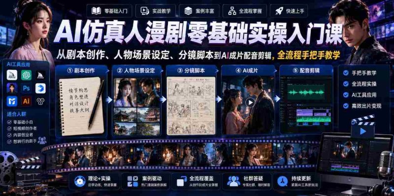 AI仿真人漫剧零基础实操入门课，从剧本创作、人物场景设定、分镜脚本到AI成片配音剪辑，全流程手把手教学-OG资源站