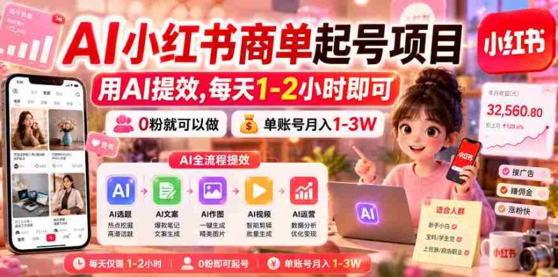 AI小红书商单起号项目，用AI提效,每天1-2小时即可，0粉就可以做，单账号月入1-3W-OG资源站
