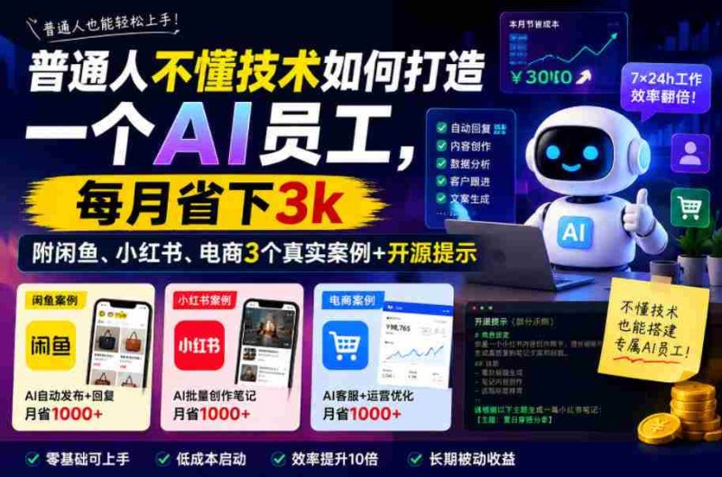 普通人不懂技术如何打造一个AI员工，每月省下3k，附闲鱼、小红书、电商3个真实案例+开源提示【文档】-OG资源站