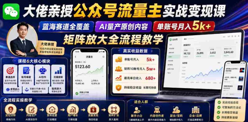大佬亲授公众号流量主实战变现课，蓝海赛道全覆盖，AI量产原创内容，单账号月入5k+矩阵放大全流程教学-OG资源站