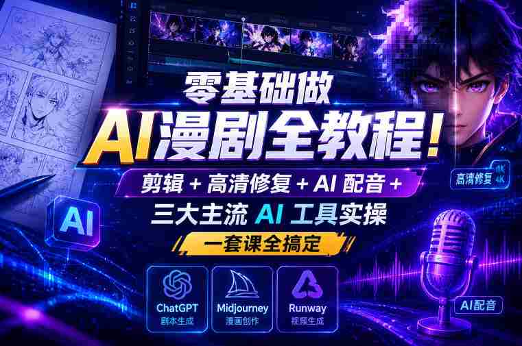 零基础做AI漫剧全教程！剪辑+高清修复+AI配音+三大主流AI工具实操，一套课全搞定-OG资源站