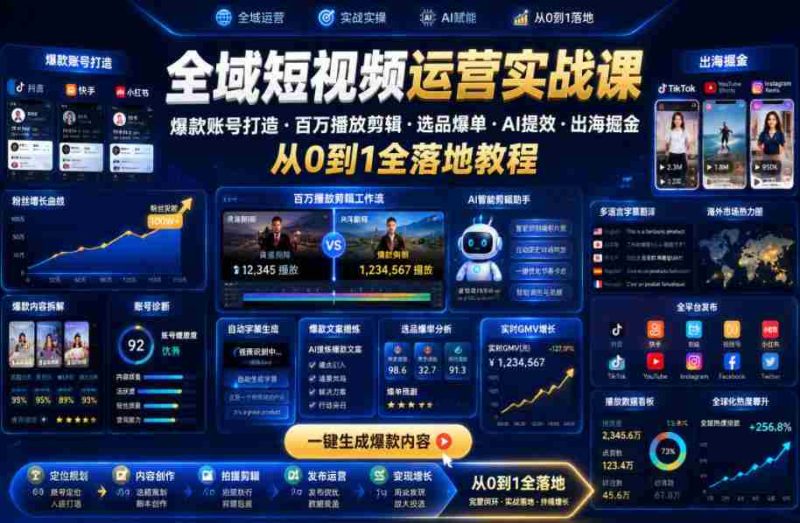 全域短视频运营实战课，爆款账号打造・百万播放剪辑・选品爆单・AI提效・出海掘金，从0到1全落地教程-OG资源站
