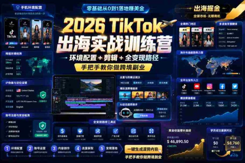 2026 TikTok出海实战训练营，环境配置 + 剪辑 + 全变现路径，手把手教你做跨境副业-OG资源站