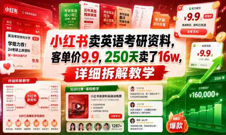小红书卖英语考研资料，客单价9.9，250天卖了16w，详细拆解教学-OG资源站