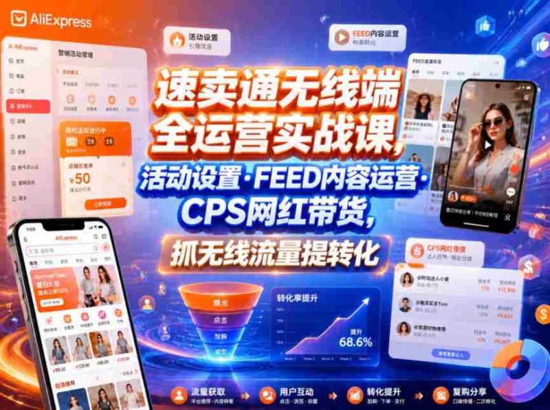 速卖通无线端全运营实战课，活动设置・FEED内容运营・CPS网红带货，抓无线流量提转化-OG资源站