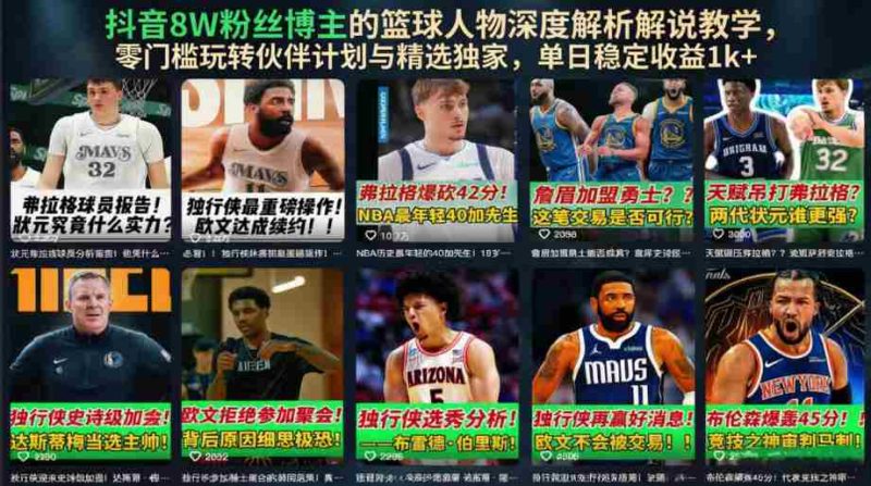 抖音8W粉丝博主的篮球人物深度解析解说教学，零门槛玩转伙伴计划与精选独家，单日稳定收益1k+-OG资源站