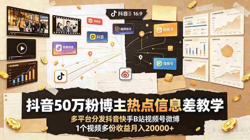 （19145期）抖音50万粉博主热点信息差教学：多平台分发抖音快手B站视频号微博，1个视频多份收益月入20000+-OG资源站