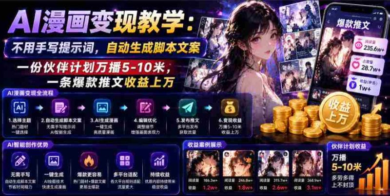 AI漫画变现教学：不用手写提示词，自动生成脚本文案，一份伙伴计划万播5-10米，一条爆款推文收益上W-OG资源站