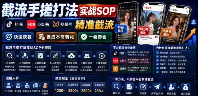 截流手搓打法实战SOP，抖音小红书视频号精准截流，快速获客，低成本高转化，一看即会-OG资源站