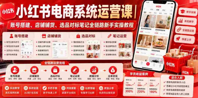 小红书电商系统运营课｜账号搭建、店铺铺货、选品对标笔记全链路新手实操教程-OG资源站