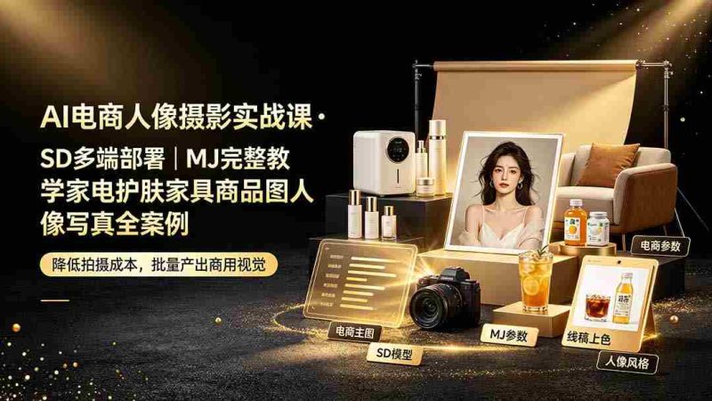 （19262期）AI电商人像摄影实战课·SD多端部署｜MJ完整教学｜家电护肤家具商品图人像写真全案例-OG资源站