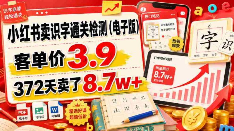 小红书卖识字通关检测（电子版），客单价3.9，372天卖了8.7w+-OG资源站
