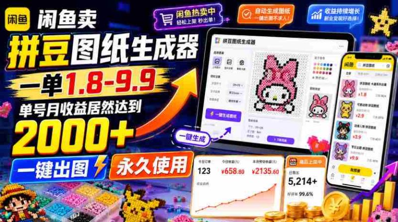 闲鱼卖拼豆图纸生成器,一单1.8-9.9,单号月收益居然达到2000+一键出图永久使用-OG资源站
