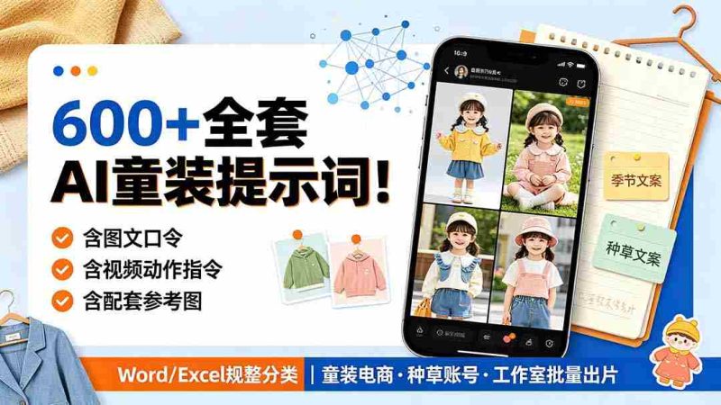 (19302期)600+全套AI童装提示词!含图文口令+视频动作指令+配套参考图,Word/Excel规整分类,童装电商、种草无脑量产内容-OG资源站