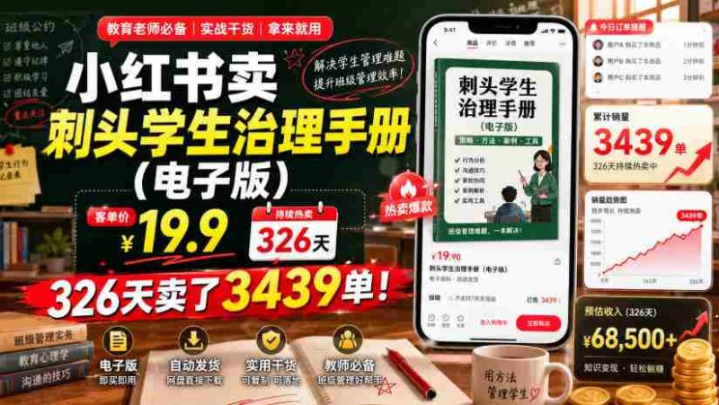 小红书卖刺头学生治理手册(电子版),客单价19.9,326天卖了3439单!-OG资源站