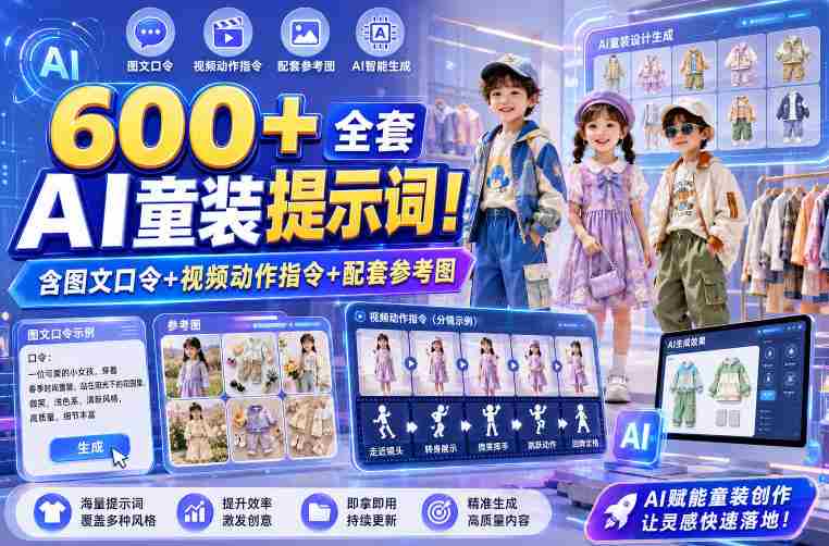 600+全套AI童装提示词!含图文口令+视频动作指令+配套参考图,Word-Excel规整分类,童装电商、种草无脑量产内容!-OG资源站