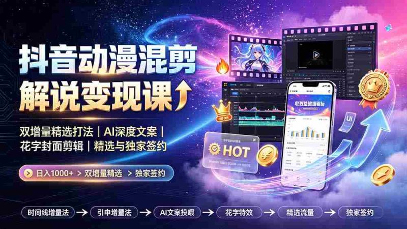 （19311期）抖音动漫混剪解说变现课：双增量精选打法｜AI深度文案｜花字封面剪辑｜ 精选与独家签约日入1000+-OG资源站