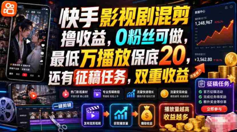 快手影视剧混剪撸收益，0粉丝可做，最低万播放保底20，还有征稿任务，双重收益-OG资源站