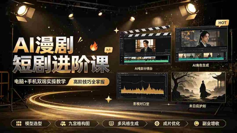 (19317期)AI漫剧短剧进阶课|电脑+手机双端实操教学|影视剧对口型人物吃瓜×解压末日庇护所全程讲解,高阶技巧全掌握-OG资源站