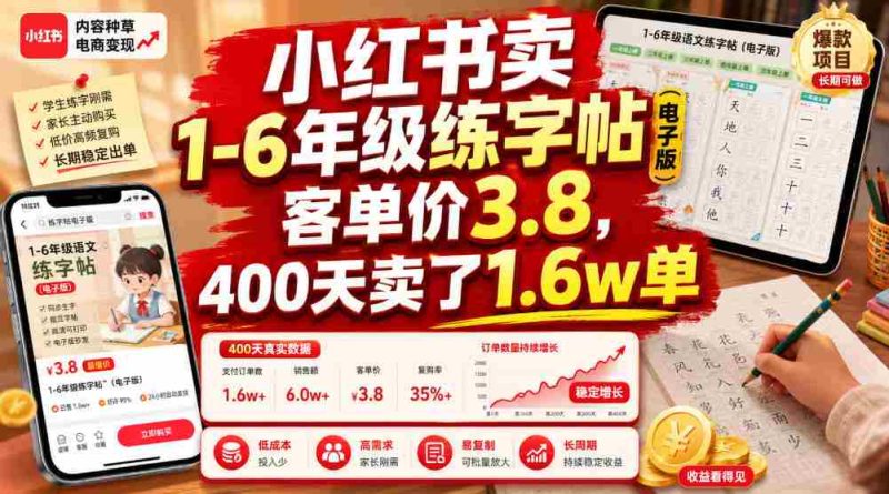 小红书卖1-6年级练字帖(电子版),客单价3.8,400天卖了1.6w单-OG资源站