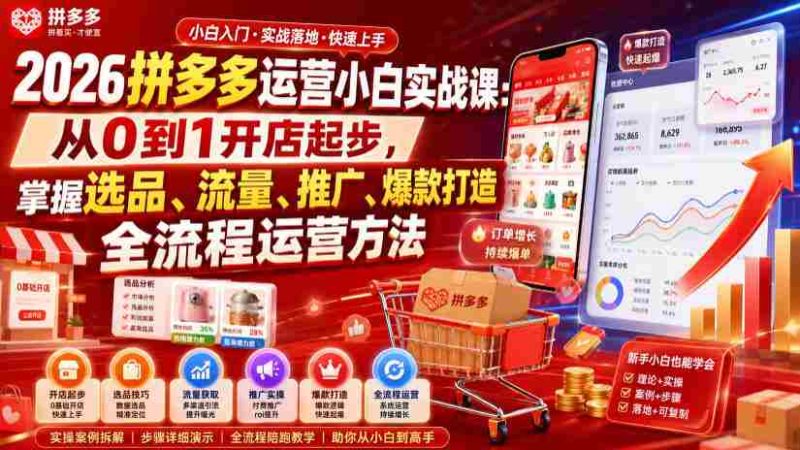 2026拼多多运营小白实战课:从0到1开店起步,掌握选品、流量、推广、爆款打造全流程运营方法-OG资源站