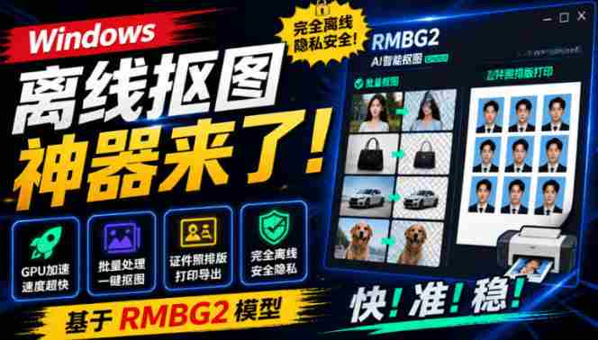 Windows离线抠图神器来了!支持批量抠图+证件照排版打印,基于RMBG2模型,GPU加速方块AI抠图-OG资源站