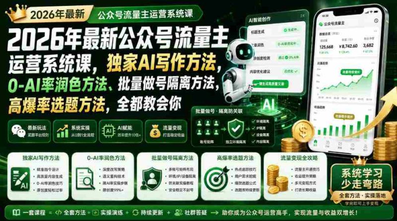 2026年最新公众号流量主运营系统课,独家AI写作方法,0-AI率润色方法、批量做号隔离方法、高爆率选题方法,全都教会你-OG资源站