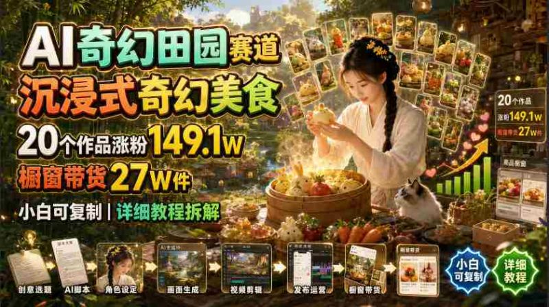 AI奇幻田园赛道，沉浸式奇幻美食，20个作品涨粉149.1W，橱窗带货27W件，小白可复制，详细教程拆解-OG资源站