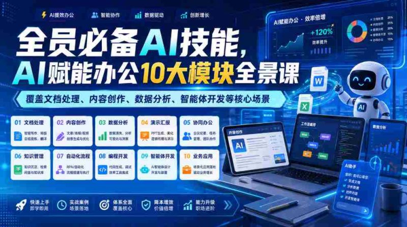 全员必备AI技能,AI赋能办公10大模块全景课,覆盖文档处理、内容创作、数据分析、智能体开发等核心场景-OG资源站