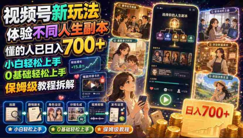 视频号新玩法体验不同人生副本，懂的人已日入700+，小白轻松上手，0基础轻松上手，保姆级教程拆解-OG资源站