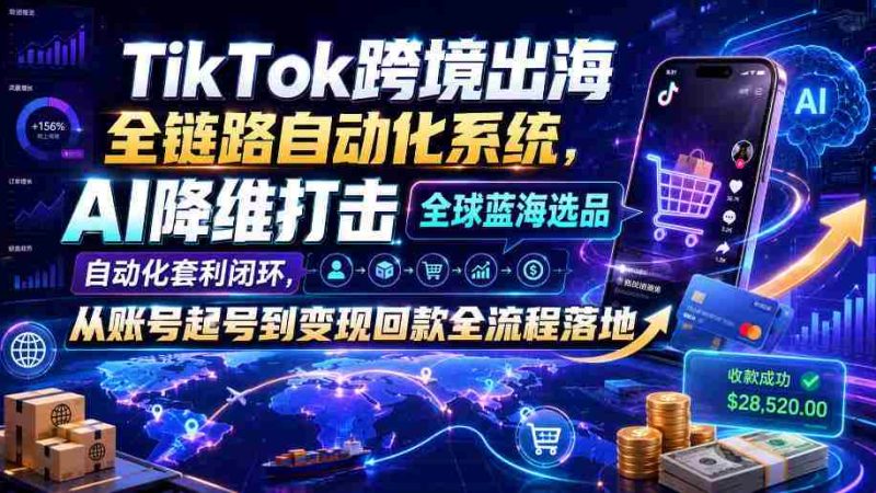 TikTok跨境出海全链路自动化系统，AI降维打击全球蓝海选品自动化套利闭环，从账号起号到变现回款全流程落地（2026年7月）-OG资源站