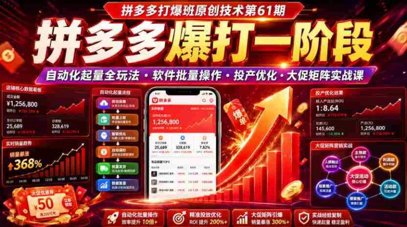 拼多多打爆班原创技术第61期，拼多多爆打一阶段，自动化起量全玩法・软件批量操作・投产优化・大促矩阵实战课-OG资源站