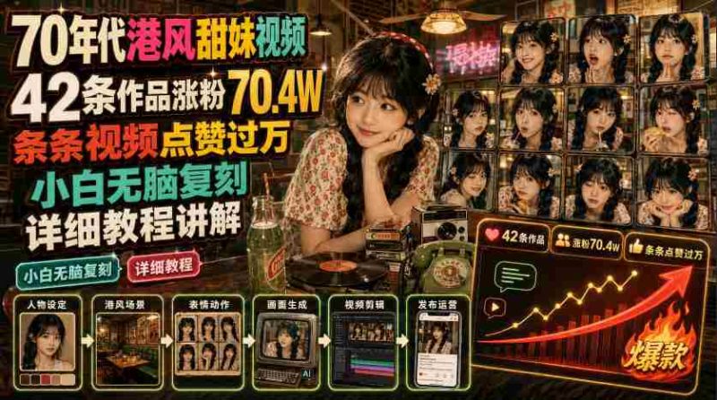 70年代港风甜妹视频,42条作品涨粉70.4W,条条视频点赞过万,小白无脑复刻,详细教程讲解-OG资源站