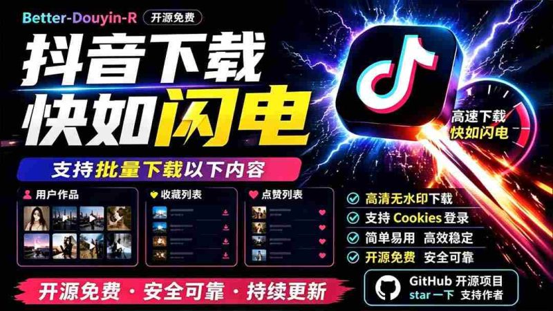 （19445期）别再乱找了！D音下载快如闪电，支持批量下载用户作品收藏列表和点赞列表，开源免费 Better-douyin-R-OG资源站