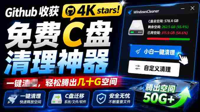 Github收获4K stars!免费C盘清理神器,轻松腾出几十G空间,支持C盘迁移Windows Cleaner-OG资源站