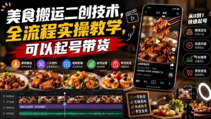 美食搬运二创技术,全流程实操教学,可以起号带货-OG资源站