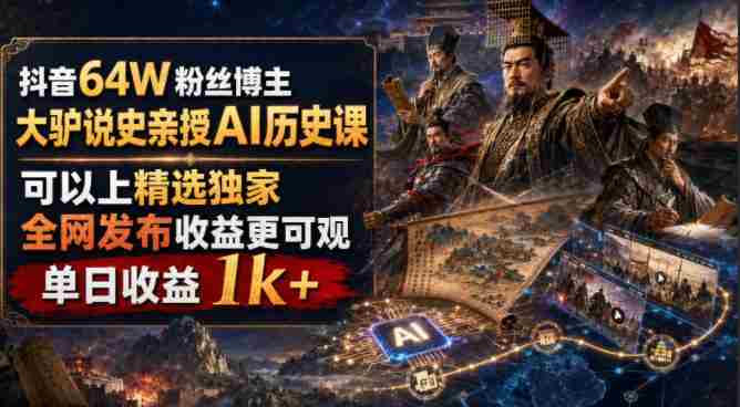 抖音64W粉丝博主大驴说史亲授AI历史课,可以上精选独家,全网发布收益更可观,单日收益1k+-OG资源站