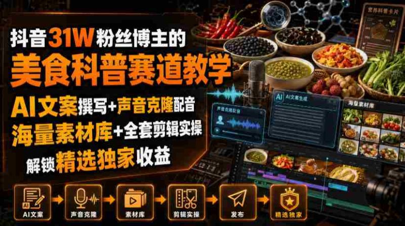 抖音31W粉丝博主的美食科普赛道教学,AI文案撰写+声音克隆配音+剪辑实操,解锁精选独家收益-OG资源站