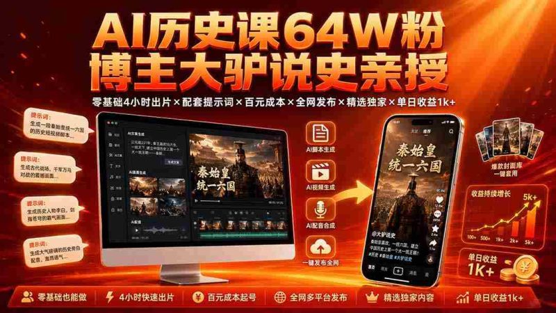 （19557期）AI历史课64W粉博主大驴说史亲授：零基础4小时出片×配套提示词×百元成本×全网发布×精选独家×单日收益1k+-OG资源站
