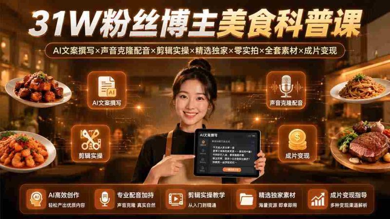 （19558期）31W粉丝博主美食科普课：AI文案撰写×声音克隆配音×剪辑实操×精选独家×零实拍×全套素材×成片变现-OG资源站