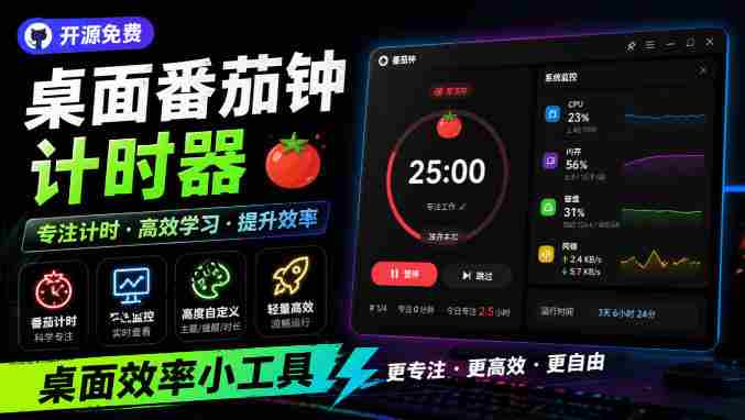仅1.16MB，开源极简的桌面时钟、番茄钟计时器，还支持系统监控显示，桌面效率小工具Catime-OG资源站