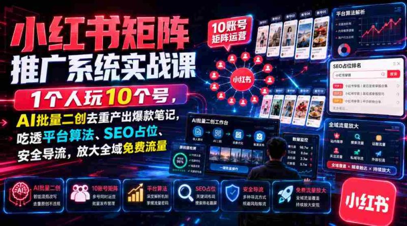 小红书矩阵推广系统实战课|1个人玩10个号,AI批量二创去重产出爆款笔记,吃透平台算法、SEO占位、安全导流,放大全域免费流量-OG资源站